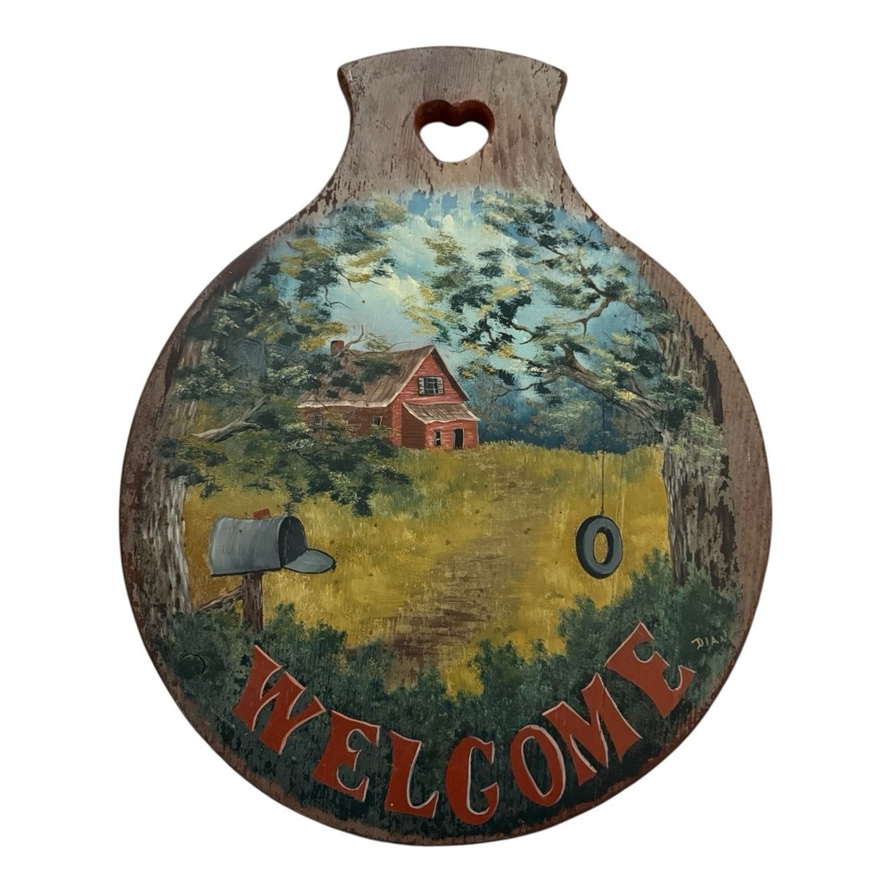 Vintage Hand Painted Wooden Welcome Sign Farmhouse Barn Folk Art Door Decor